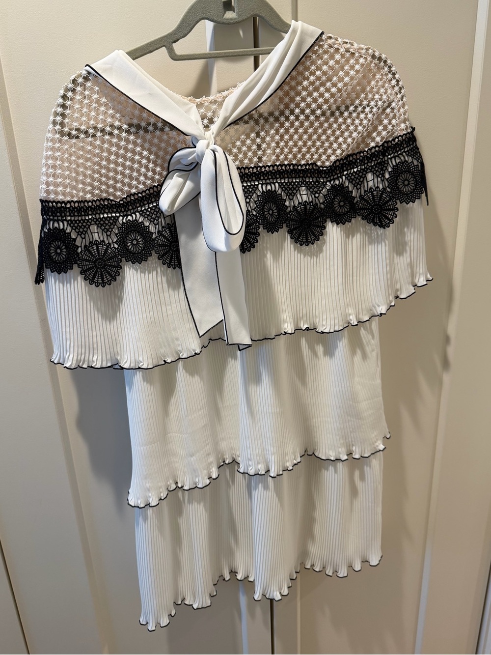 Self-Portrait White Dress with Black Trim and Floral Lace Yoke